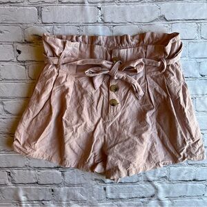 Elodie Paper Bag High Waisted Belted Neutral Shorts Large Button Detail Coastal